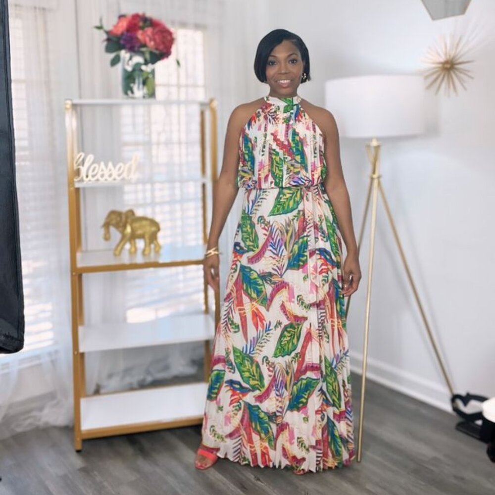PLEATED HALTER MAXI DRESS